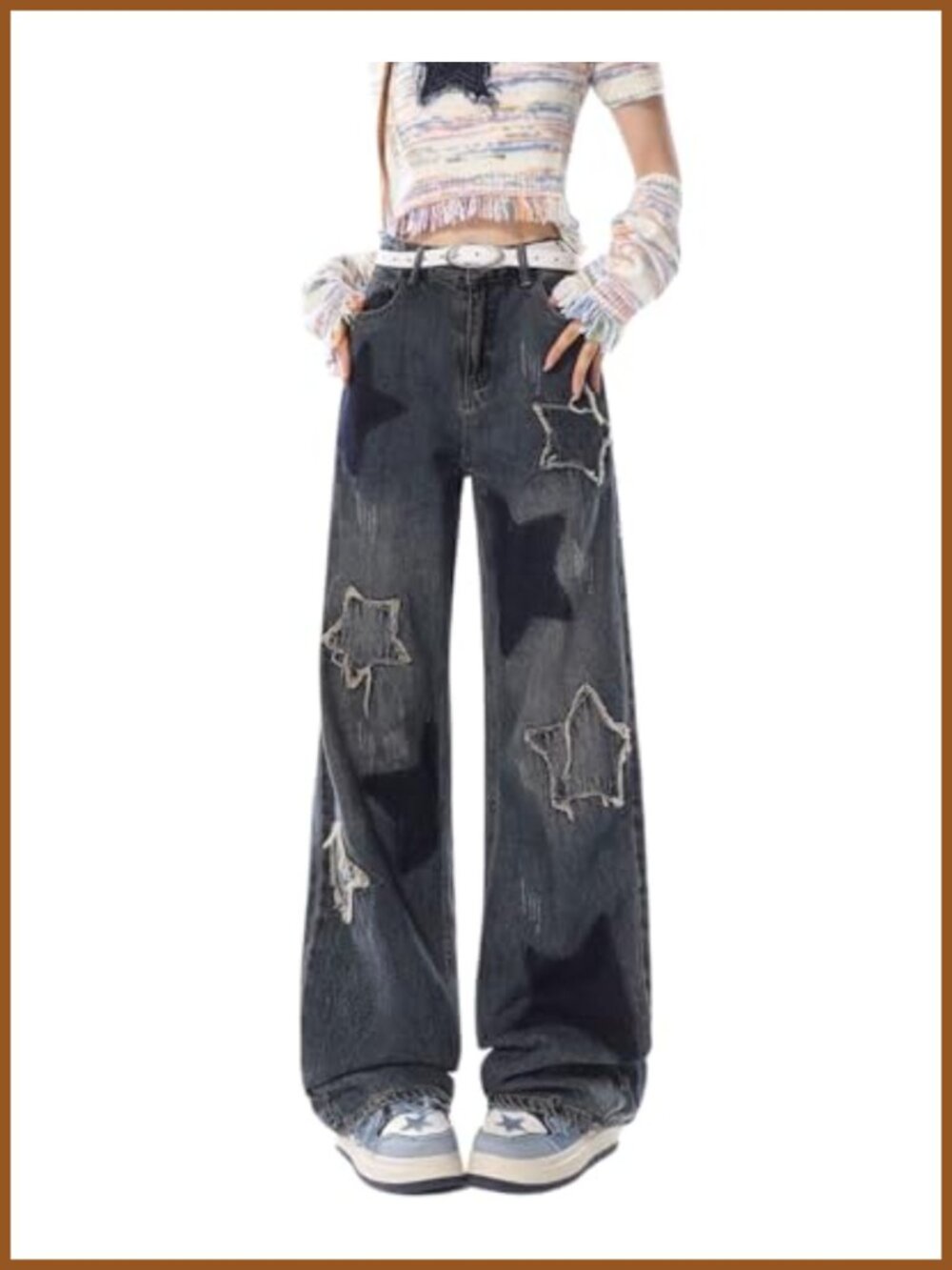 High Rise Straight Leg Denim Jeans with Star Patchwork